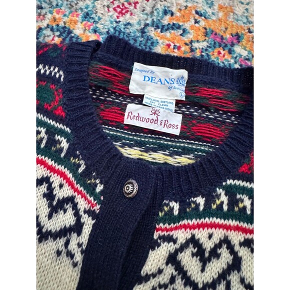 Vtg Redwood & Ross 100% Wool Shetland Heart Fair Isle Cardigan Sweater Sz L - Picture 4 of 7